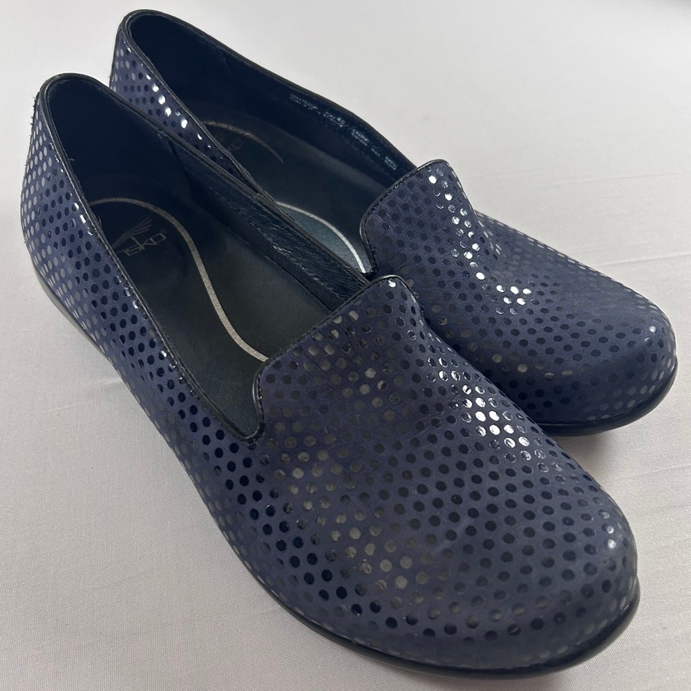 Dansko Olivia Shoes Women 40 Navy Blue Leather Polka Dot Slip On Comfort Loafers